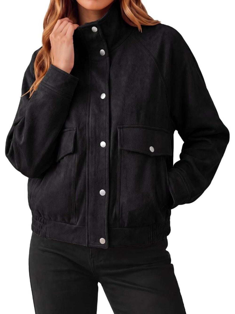Women's Black Faux Suede Cropped Stand Collar ZIP Up Pocket Bomber Jacket